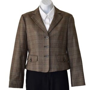 BCBG MAXAZRIA Plaid Wool Mahogany Elbow Patch Flap Pockets Blazer